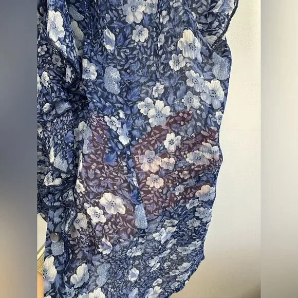 Y2K Oscar De La Renta Blue Floral Ruffle Short Flutter Sleeve Blouse Size 8 - Picture 9 of 14